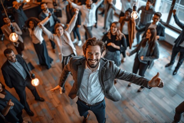 Foto leader carismatico che celebra il successo con un team diversificato di professionisti in un ufficio moderno