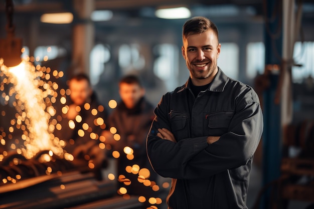 Charismatic Metalworker Leading with Confidence in an Industrial Workshop