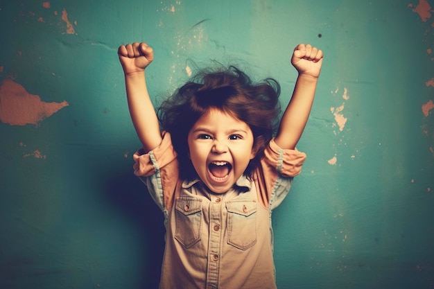 A charismatic and playful toddler girl gleefully raises her arms in excitement radiating joy and happiness Ai generated