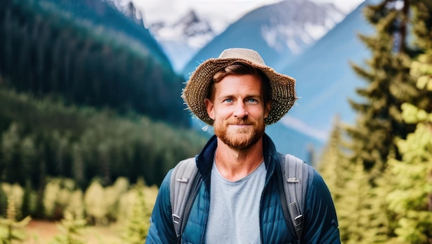 Foto charismatische baarde man toerist in hoed met rugzak staat tegen de achtergrond van bergen en bomen generatieve ai