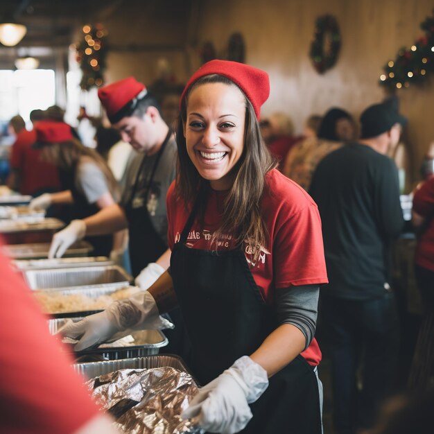 A charitable event with volunteers distributing holiday meals or gifts to the less fortunate