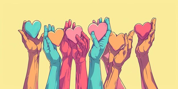 자선 예술 작품 및 지원 구호 및 기부를 위해 심장을 들고 있는 다채로운 손의 일러스트레이션