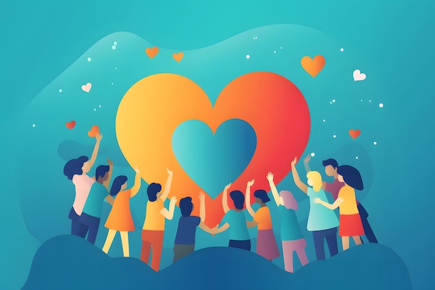 Charity illustration concept with abstract diverse persons hands and hearts Community compassion