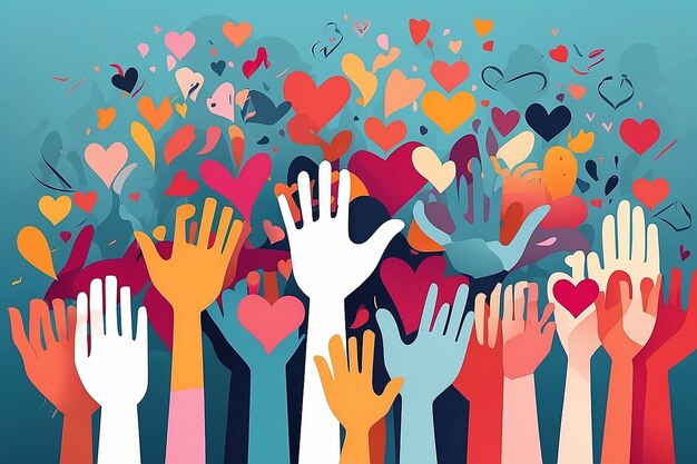 Photo charity illustration concept with abstract diverse persons hands and hearts
