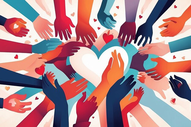 Photo charity illustration concept with abstract diverse persons hands and hearts