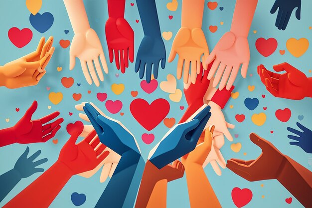 Photo charity illustration concept with abstract diverse persons hands and hearts