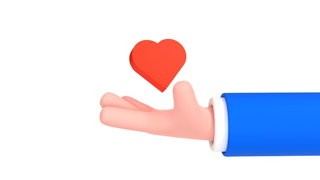 Charity love and health concept. Cartoon human hand and red heart. 3d render illustration