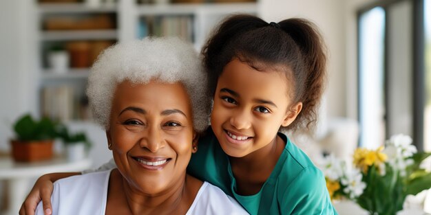 Charity volunteer caregiver and face of a black woman in a nursing home for the rehabilitation of the disabled