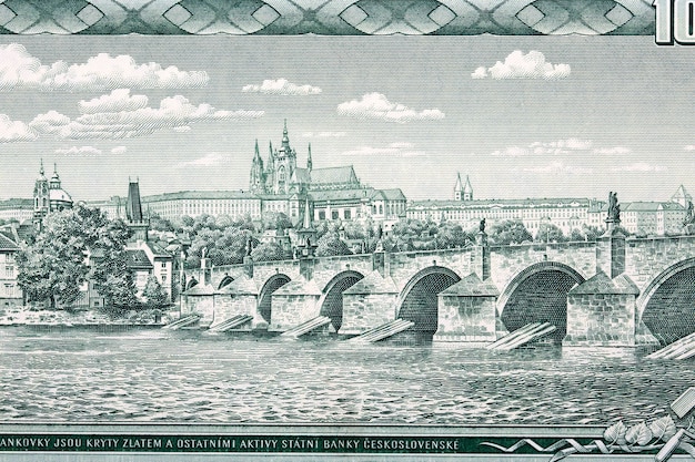 Charles Bridge and Hradcany in Prague from money