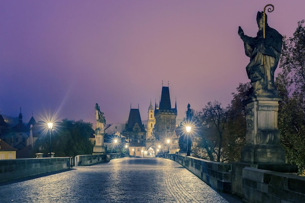 Charles Bridge in Prague Czech Republic at night lighting