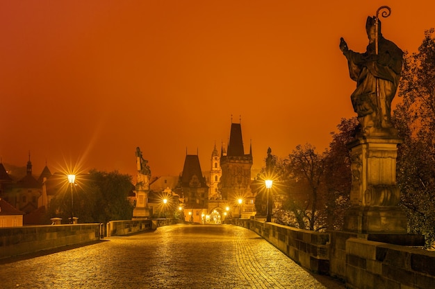 Charles Bridge in Prague Czech Republic at night lighting