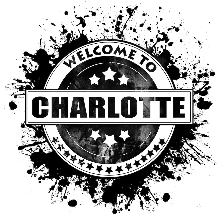 Foto charlotte stad zwarte rubberen postzegel geïsoleerd op een massieve witte achtergrond