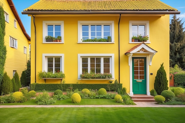 Charmant geel huis met houten ramen en groene, met gras begroeide tuin