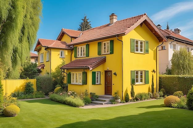 Charmant geel huis met houten ramen en groene, met gras begroeide tuin