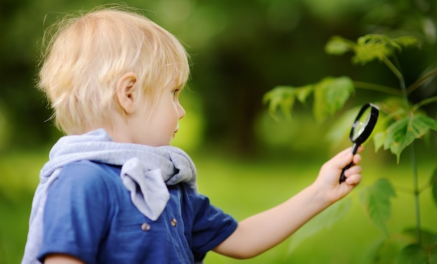 Charmant kind dat de natuur met vergrootglas onderzoekt