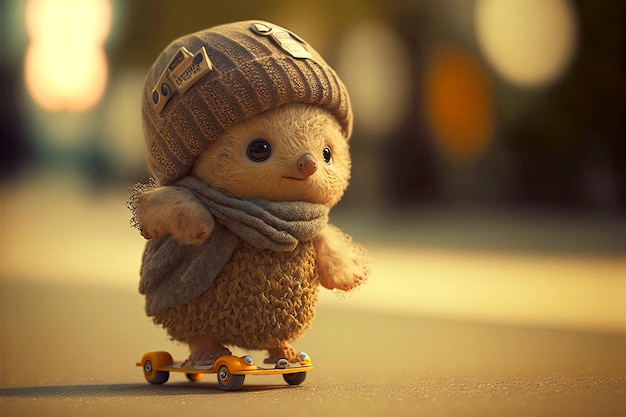 Foto charmant schattig klein harig monster op skateboard