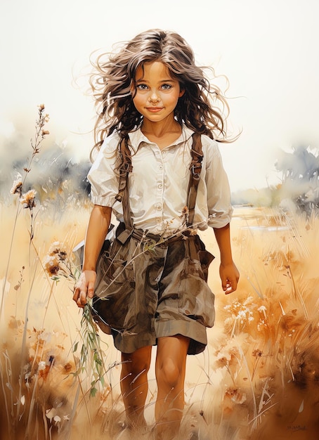 Charmant vintage illustratie 7-jarig meisje dat het platteland verkent