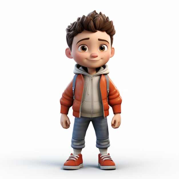 Charmante 3D-render cartoon van zelfgenoegzame jonge jongen in oranje jas