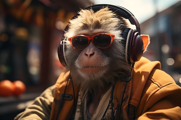 Charmante aap in de stad met zonnebril en koptelefoon.