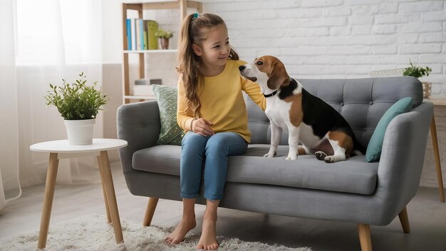 Charmante blootsvoetige meisje zit op een grijze bank tussen een kleine tafel en een groene plant en kijkt naar de beag