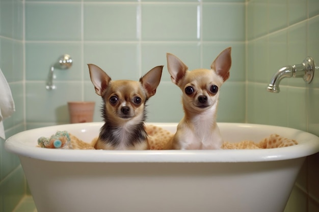 Charmante chihuahua's die genieten van een verfrissend gootsteenbad Gegenereerde Ai