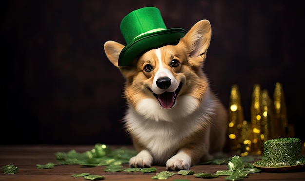 Charmante corgi die St. Patrick's Day viert met hoge hoed en klaver die feestelijke vreugde en Ierse erfgoed belichamen AI generatief