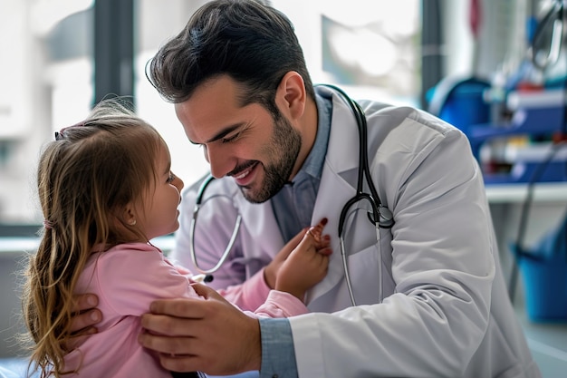 Charmante dokter speelt met een klein meisje in het ziekenhuis
