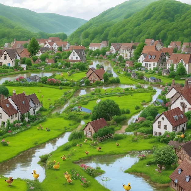 Foto charmante en schilderachtige vector illustratie van een vreedzaam landelijk dorp compleet met gezellige huizen kronkelende paden en weelderig groen