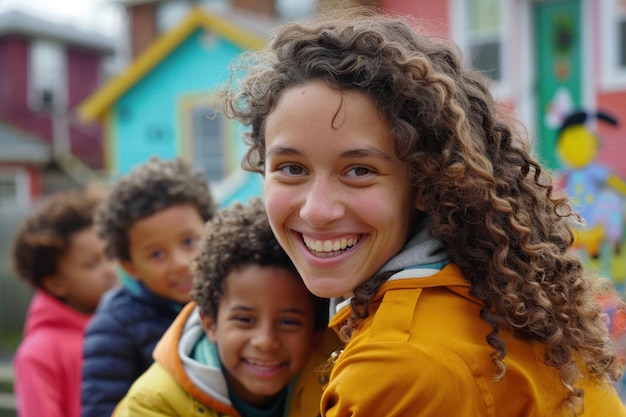 Charmante foto van een gelukkige jonge vrouw met speelse kinderen in een levendige gemeenschap