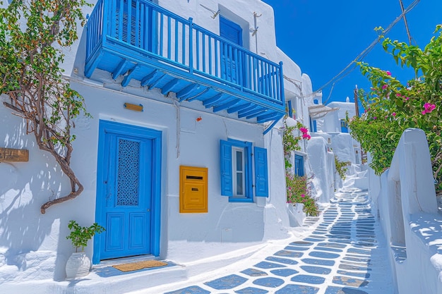 Charmante Griekse dorp Stunning smalle geplaveide straat en traditionele witte huizen op het eiland Mykonos Griekenland