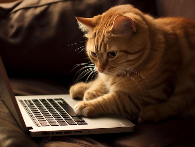 Charmante kat die werkt met een laptop gegenereerd door AI