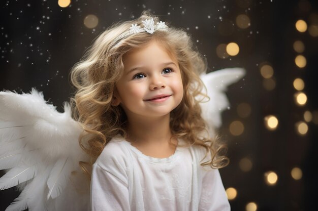 Charmante kleine meisje die de geest van Kerstmis belichaamt in engelenvleugels voor een Geboortescène