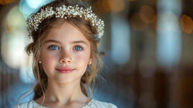 Charmante kleine meisje in witte jurk met bloemen kroon