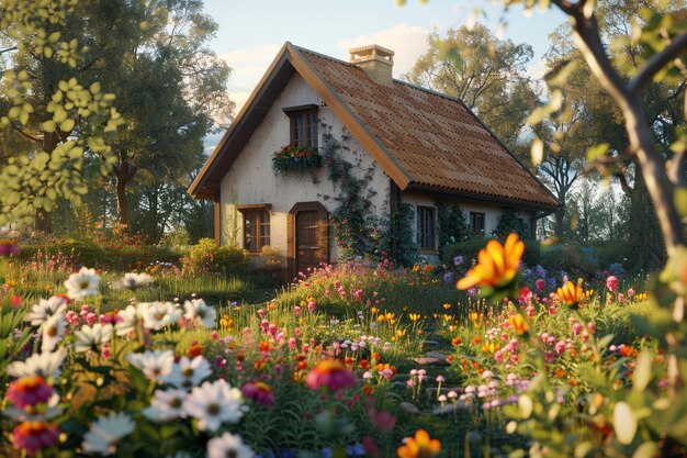 Foto charmante landelijke cottage omringd door wildflo