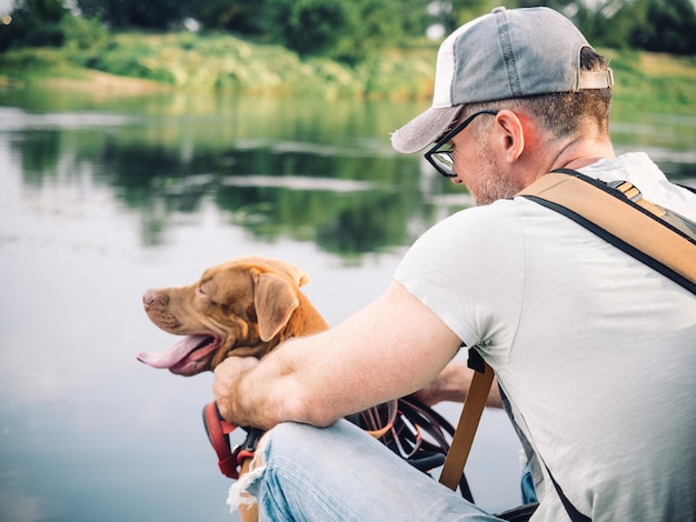 Charmante mooie bruine puppy en aantrekkelijke man