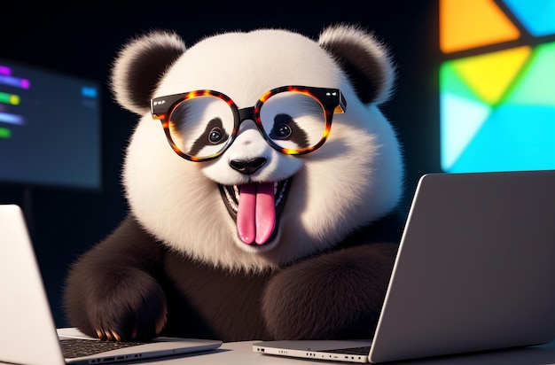 Charmante panda in glazen met open mond achter laptop Generatieve AI