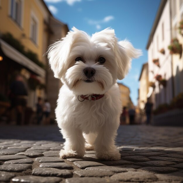 Charmante scène Leuke Maltese hond staat op een geplaveide straat Voor Social Media Post Size