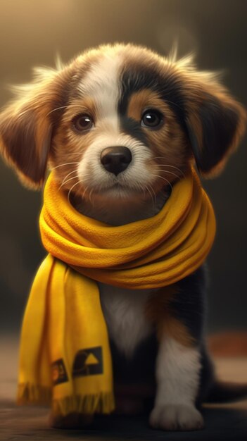 Charmante schets van een schattige puppy die een gele bandana draagt, AI gegenereerd