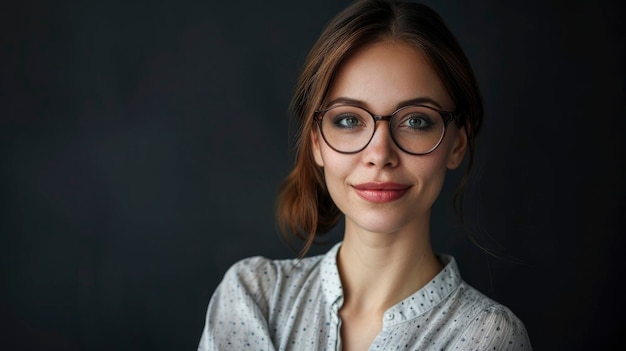 Charmante sensuele leraar vrouwelijke studio foto op levendige achtergrond met copyspace grote mooie ogen te