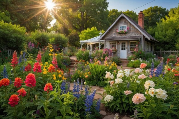 Charmante tuinhuisje met levendige bloembedden