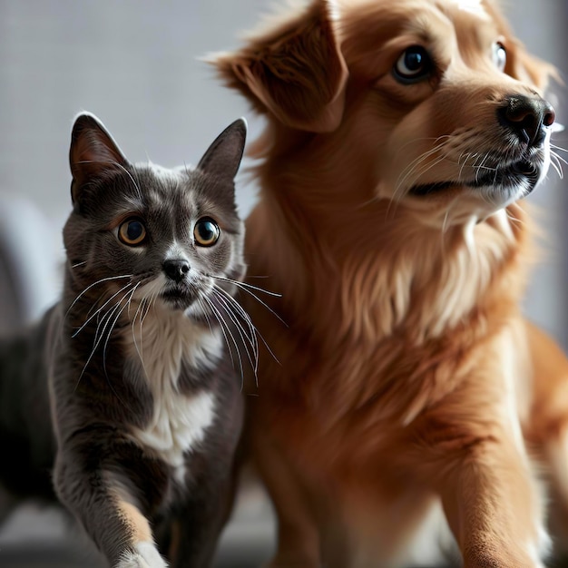 Charmante verwende huisdieren spelen naast elkaar en kijken alert