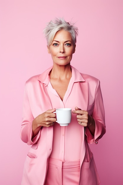 Charmante volwassen dame geniet van thee of koffie in het bedrijfsleven Portret op roze achtergrond gegenereerd door AI
