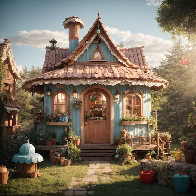 魅力的な 3D 漫画の小屋の気まぐれな住居