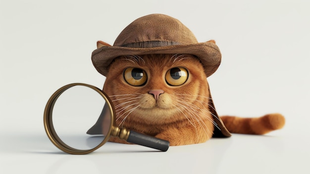 Photo a charming 3d cat character dons a classic detective hat and diligently investigates with a magnifying glass this whimsical illustration in highresolution presents a lovable feline detecti