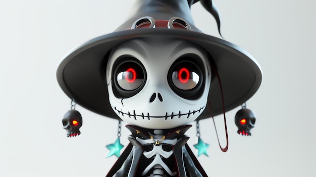 A charming 3D cute necromancer character rendering on a crisp white background ready to bring bewitching magic to any project
