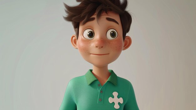 A charming 3D headshot of a cartoon boy with a puzzle piece exuding intelligence and confidence He wears a stylish jade green polo shirt adding a touch of modernity to the illustration P