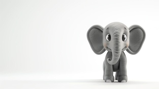 A charming 3D rendering of a cute elephant exuding innocence and endearment set against a pristine white background Perfect for kids illustrations nursery decorations and whimsical des