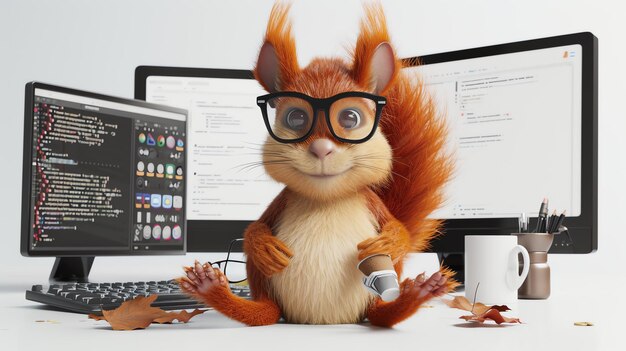 A charming 3D squirrel wearing glasses is depicted as a skilled software developer in this adorable stock image With a coffee mug in one paw the squirrel can be seen diligently working o