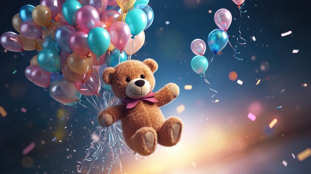 A charming 3D teddy bear floating with a cluster of vibrant balloons