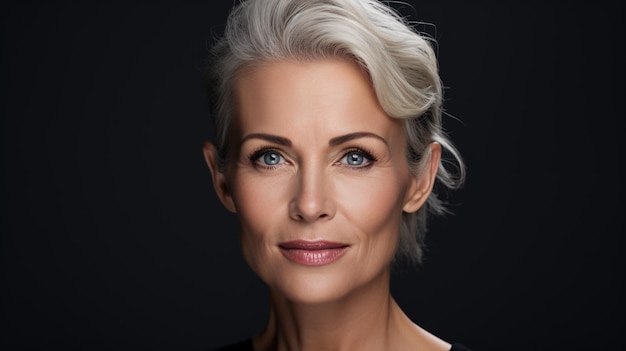 Charming 50s midaged woman isolated on black gazes at the camera Closeup portrait of a mature lady with healthy skin representing beauty middleage skincare and cosmetology